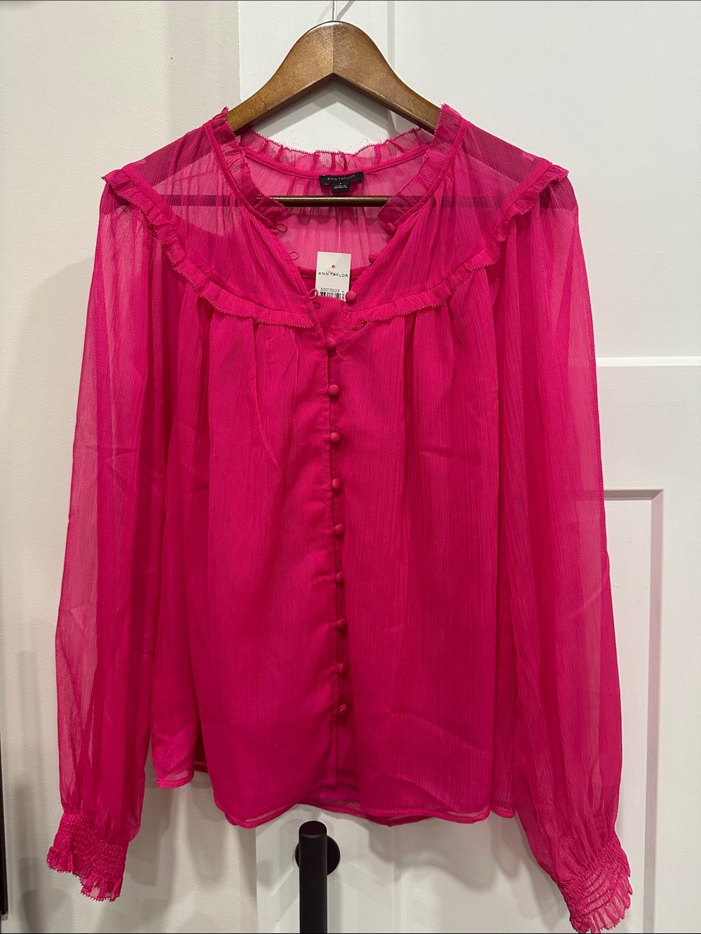Ann Taylor Hot Pink Ruffle-Trim Sheer Button Blouse